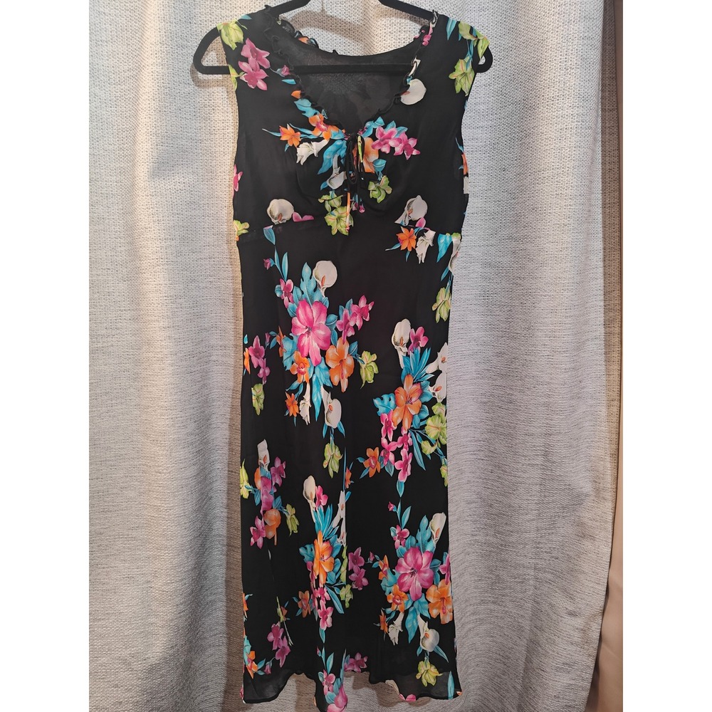 Vintage Lily 90s Floral Midi Dress Black Tropical Sleeveless Ruffle V-Neck M